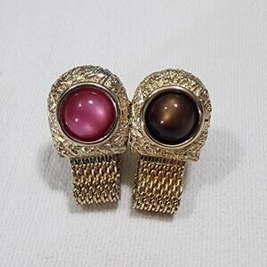 Swank Pink & Brown Tigers Eye Cabochon Gold Tone Wrap Mesh Cufflinks MCM Vintage